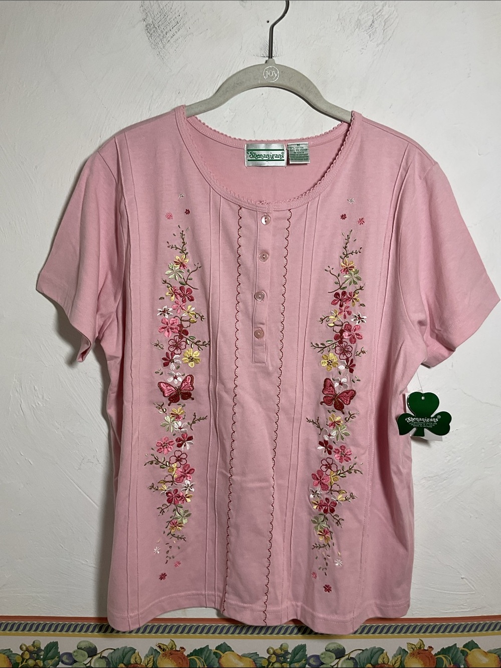 Shenanigans Pink Floral Butterfly Embroidered Henley Top Size M NWT Cottagecore